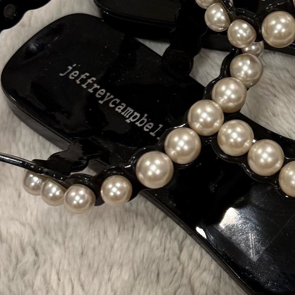 Jeffrey Campbell Black Patent T-Strap Sandals with Pearls - Picture 5 of 5